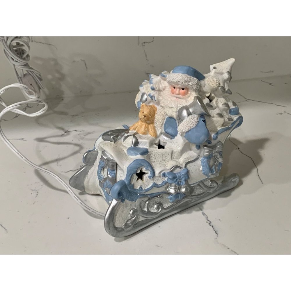 Blue and White Christmas Santa Claus in Sleigh with Light - Picture 1 of 8